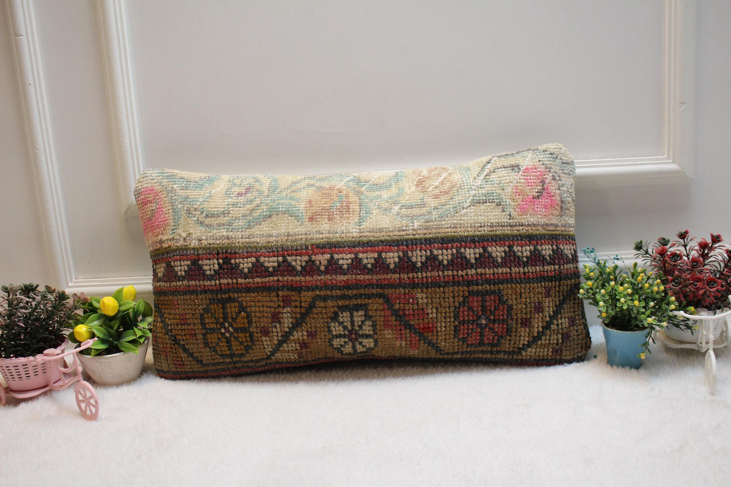 Patchwork Turkish Rug Lumbar Pillow Cover: Vintage Wool, 12x24 inc