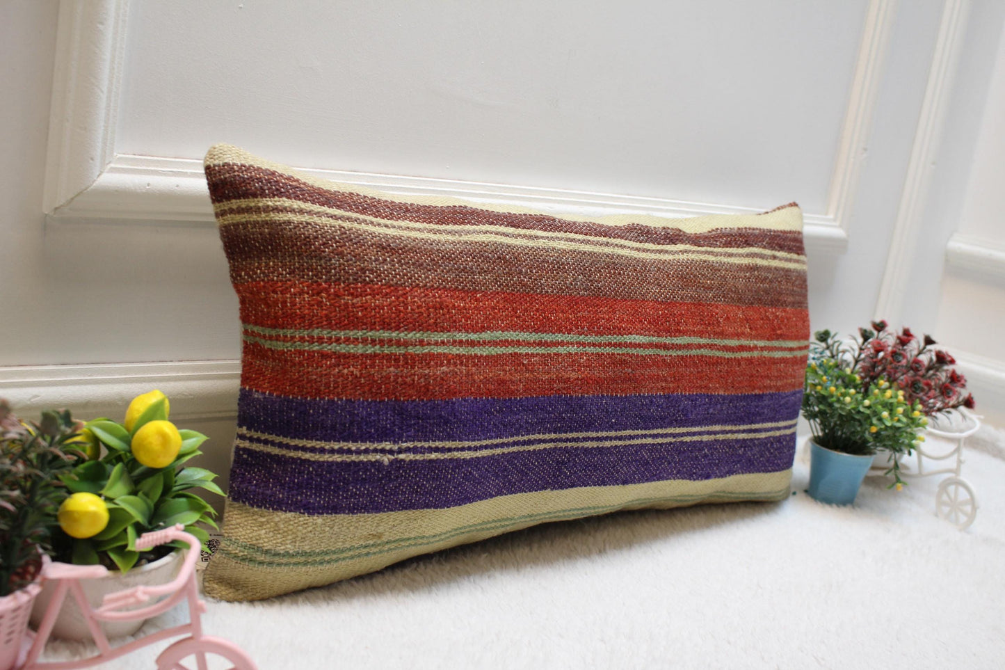 Striped Kilim Lumbar Pillow Cover: Handmade Wool, 12x24 in