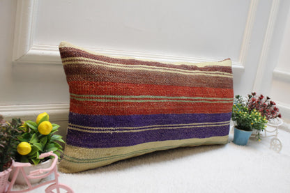 Striped Kilim Lumbar Pillow Cover: Handmade Wool, 12x24 in