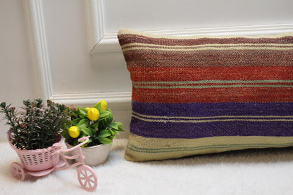 Striped Kilim Lumbar Pillow Cover: Handmade Wool, 12x24 in