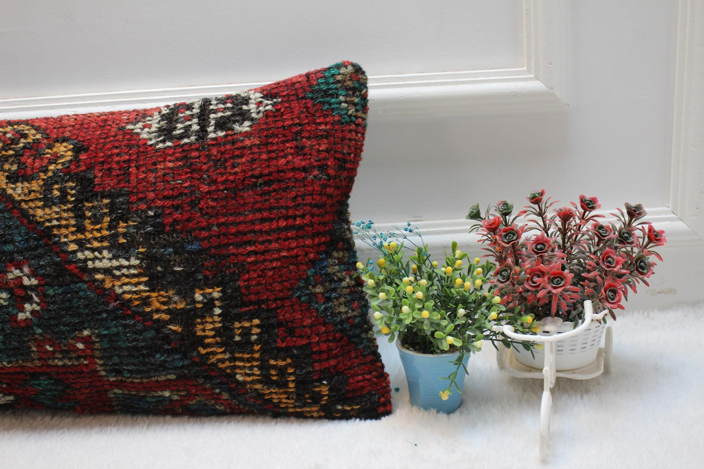 Red Wool Lumbar Pillow Cover: Vintage Anatolian Kilim, 12x24 inc