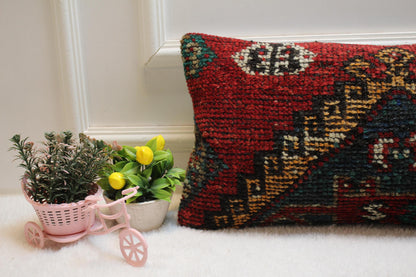 Red Wool Lumbar Pillow Cover: Vintage Anatolian Kilim, 12x24 inc