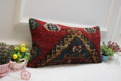Red Wool Lumbar Pillow Cover: Vintage Anatolian Kilim, 12x24 inc