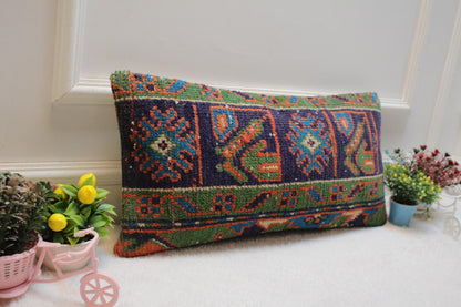 Handmade Wool Lumbar Pillow Cover: Geometric Turkish Rug Design