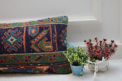 Handmade Wool Lumbar Pillow Cover: Geometric Turkish Rug Design