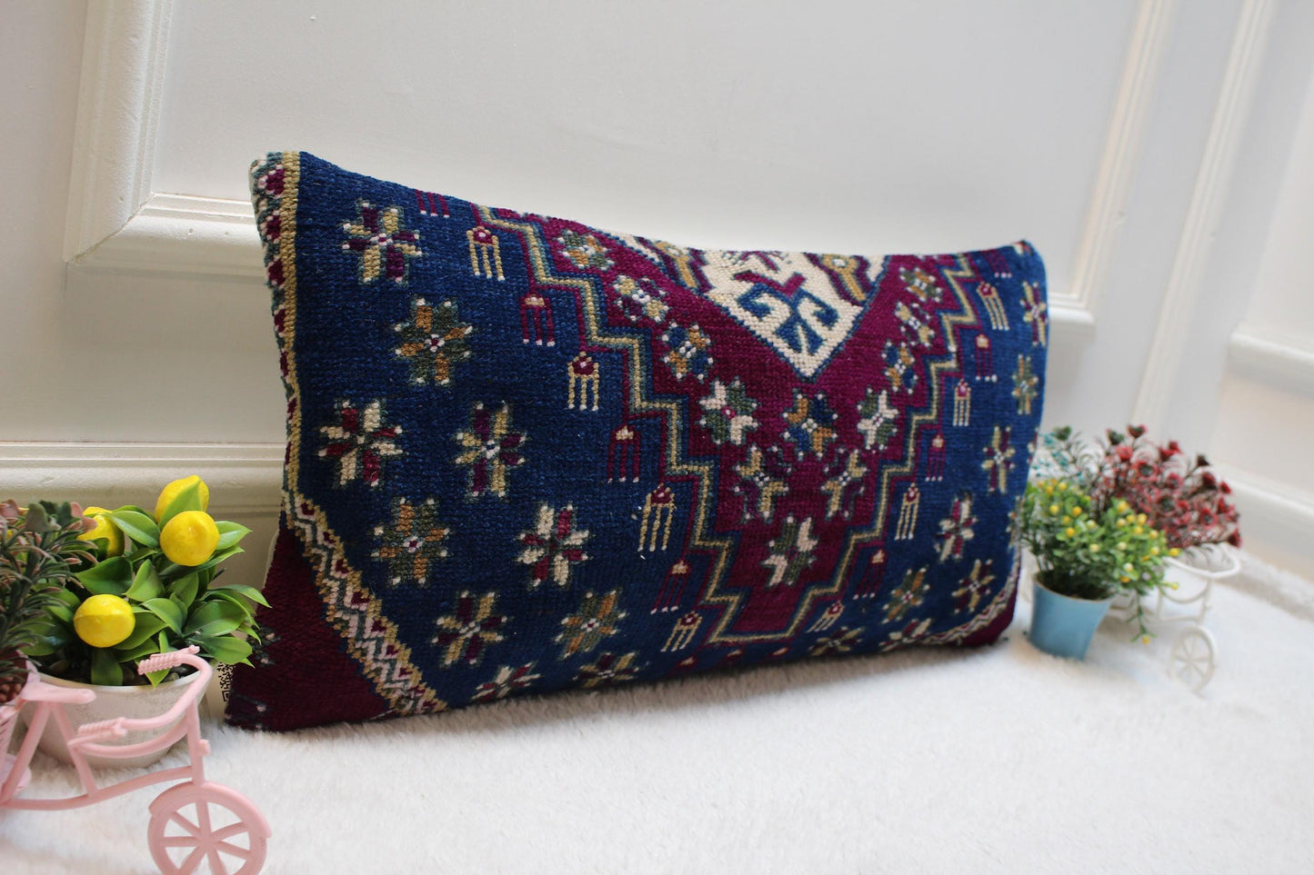 Geometric Turkish Rug Lumbar Pillow Cover: 12x24 Wool Kilim Pillow
