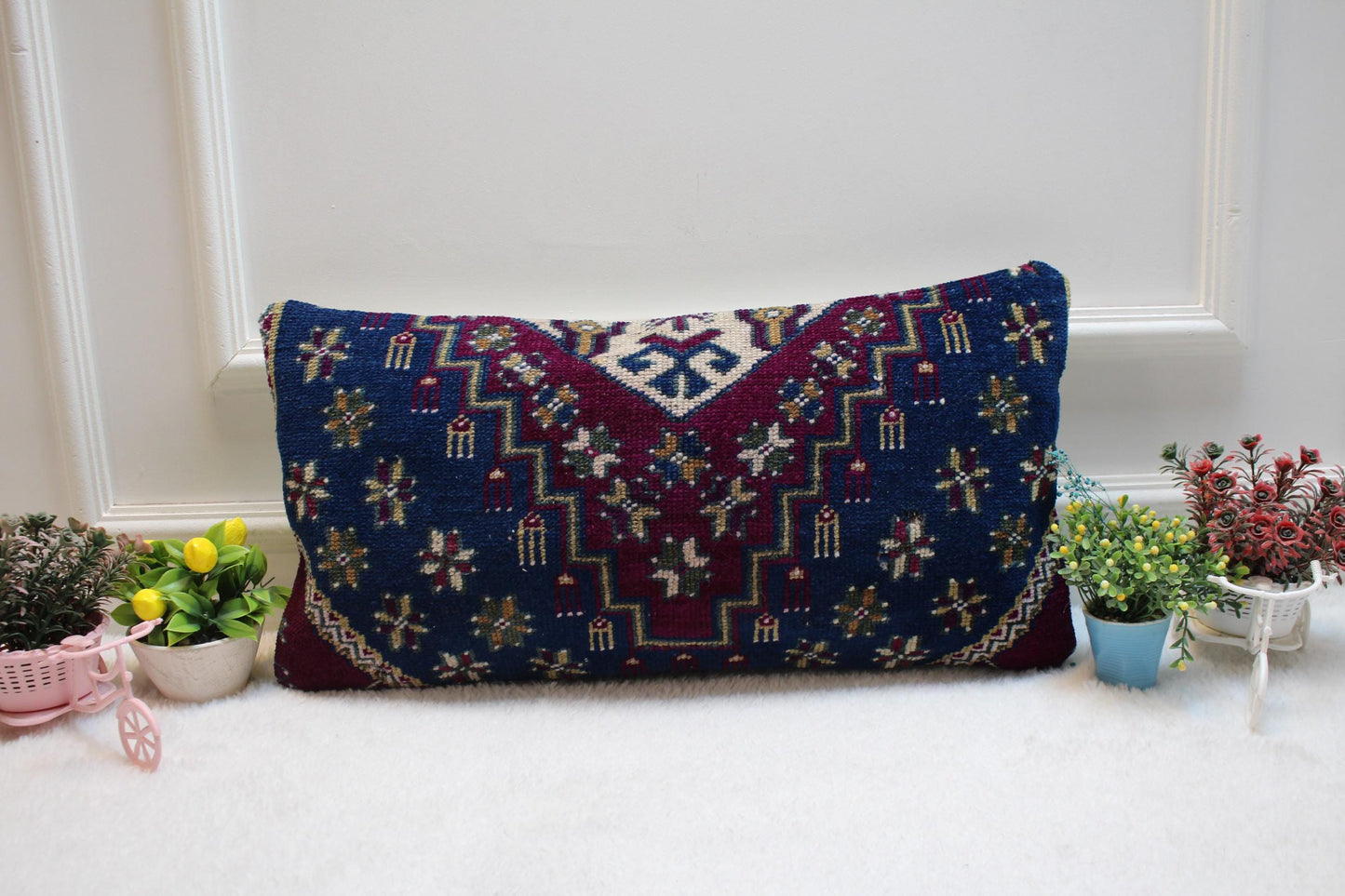 Geometric Turkish Rug Lumbar Pillow Cover: 12x24 Wool Kilim Pillow