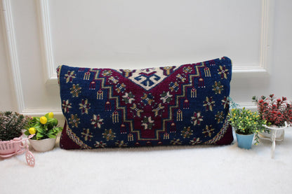 Geometric Turkish Rug Lumbar Pillow Cover: 12x24 Wool Kilim Pillow