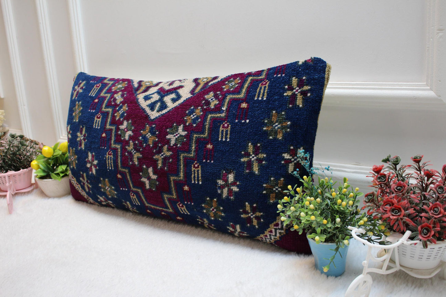Geometric Turkish Rug Lumbar Pillow Cover: 12x24 Wool Kilim Pillow