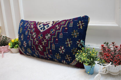 Geometric Turkish Rug Lumbar Pillow Cover: 12x24 Wool Kilim Pillow