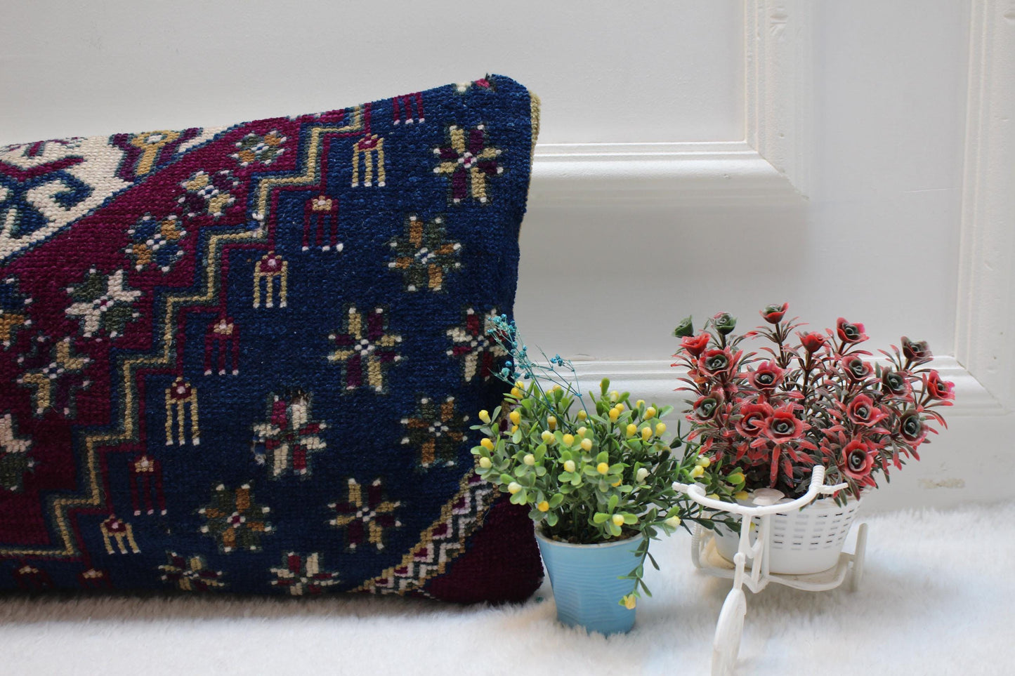 Geometric Turkish Rug Lumbar Pillow Cover: 12x24 Wool Kilim Pillow