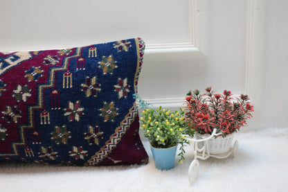 Blue Vintage Turkish Rug Lumbar Pillow Cover: 12x24 inc Handmade Kilim
