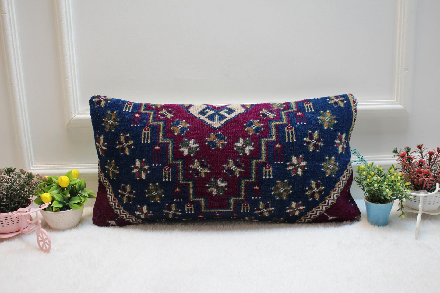Blue Vintage Turkish Rug Lumbar Pillow Cover: 12x24 inc Handmade Kilim