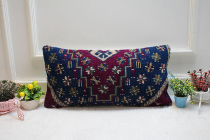 Blue Vintage Turkish Rug Lumbar Pillow Cover: 12x24 inc Handmade Kilim