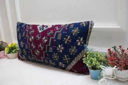 Blue Vintage Turkish Rug Lumbar Pillow Cover: 12x24 inc Handmade Kilim