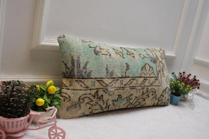 Blue Beige Turkish Rug Lumbar Pillow Cover: Vintage Woven Wool, 12x24 in