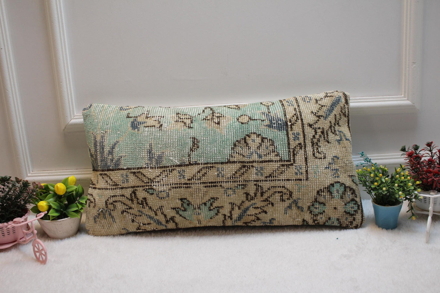 Blue Beige Turkish Rug Lumbar Pillow Cover: Vintage Woven Wool, 12x24 in