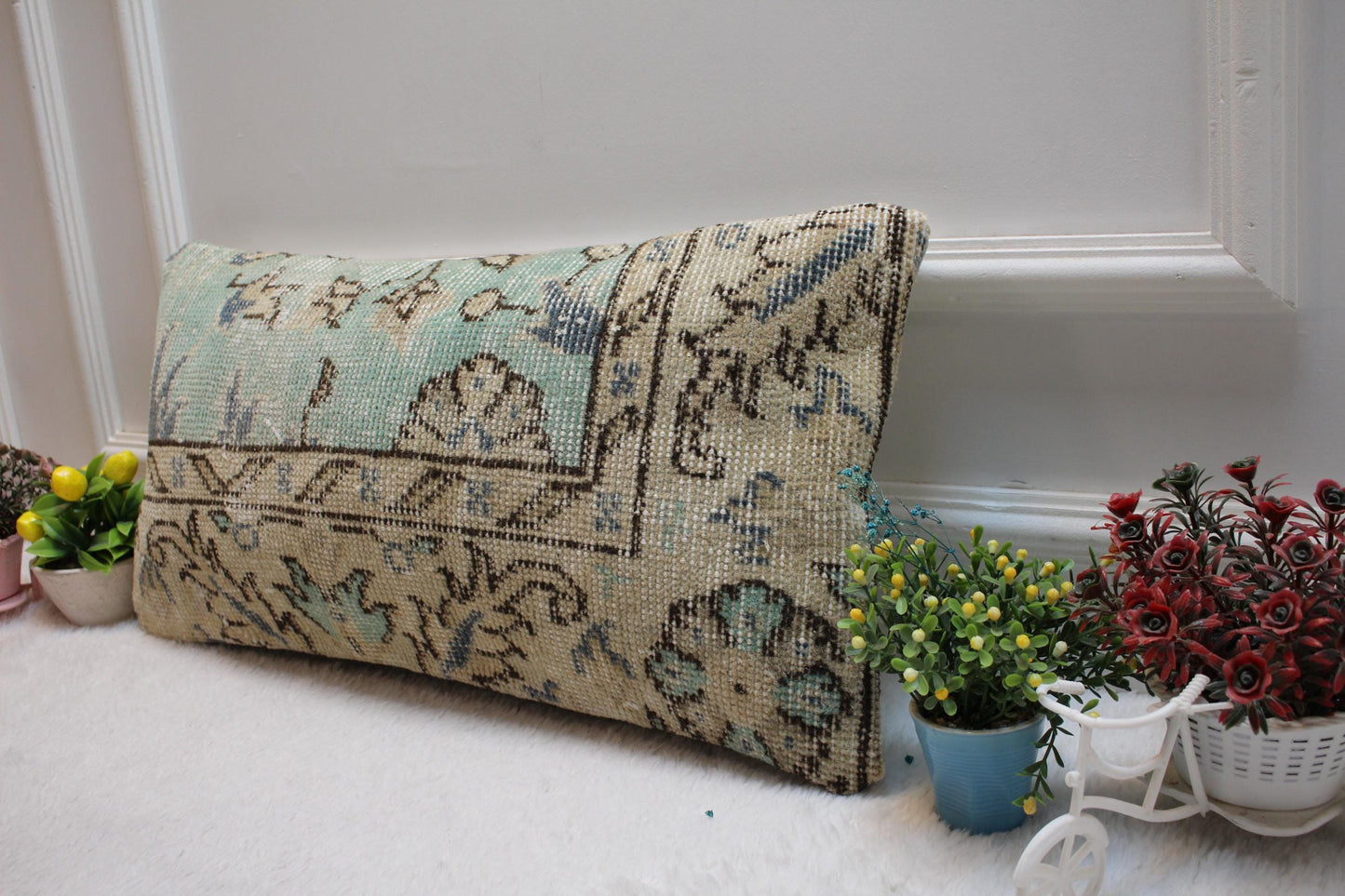 Blue Beige Turkish Rug Lumbar Pillow Cover: Vintage Woven Wool, 12x24 in