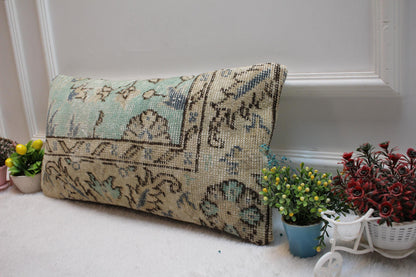 Blue Beige Turkish Rug Lumbar Pillow Cover: Vintage Woven Wool, 12x24 in