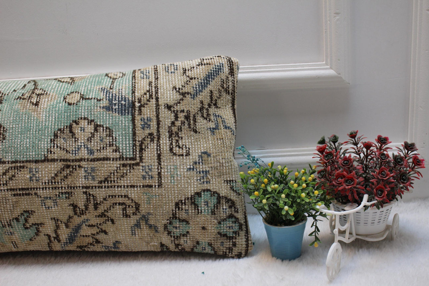 Blue Beige Turkish Rug Lumbar Pillow Cover: Vintage Woven Wool, 12x24 in