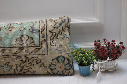 Blue Beige Turkish Rug Lumbar Pillow Cover: Vintage Woven Wool, 12x24 in