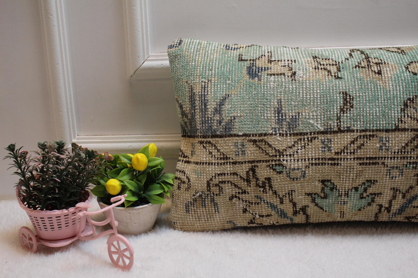 Blue Beige Turkish Rug Lumbar Pillow Cover: Vintage Woven Wool, 12x24 in