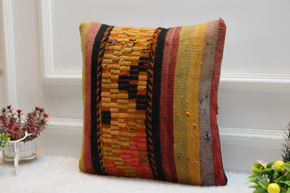 Handmade Kilim Pillow Cover: Upcycled Woven Rug, Striped Decor (16x16 Inch)