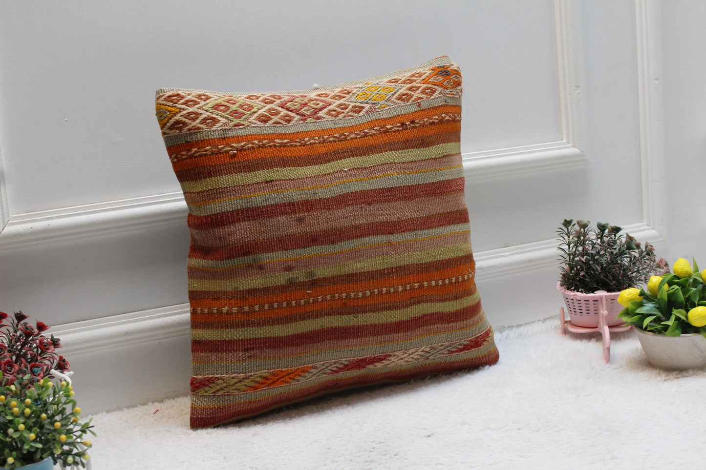 Handmade Kilim Pillow Cover: Upcycled Turkish Wool Cushion, 16x16
