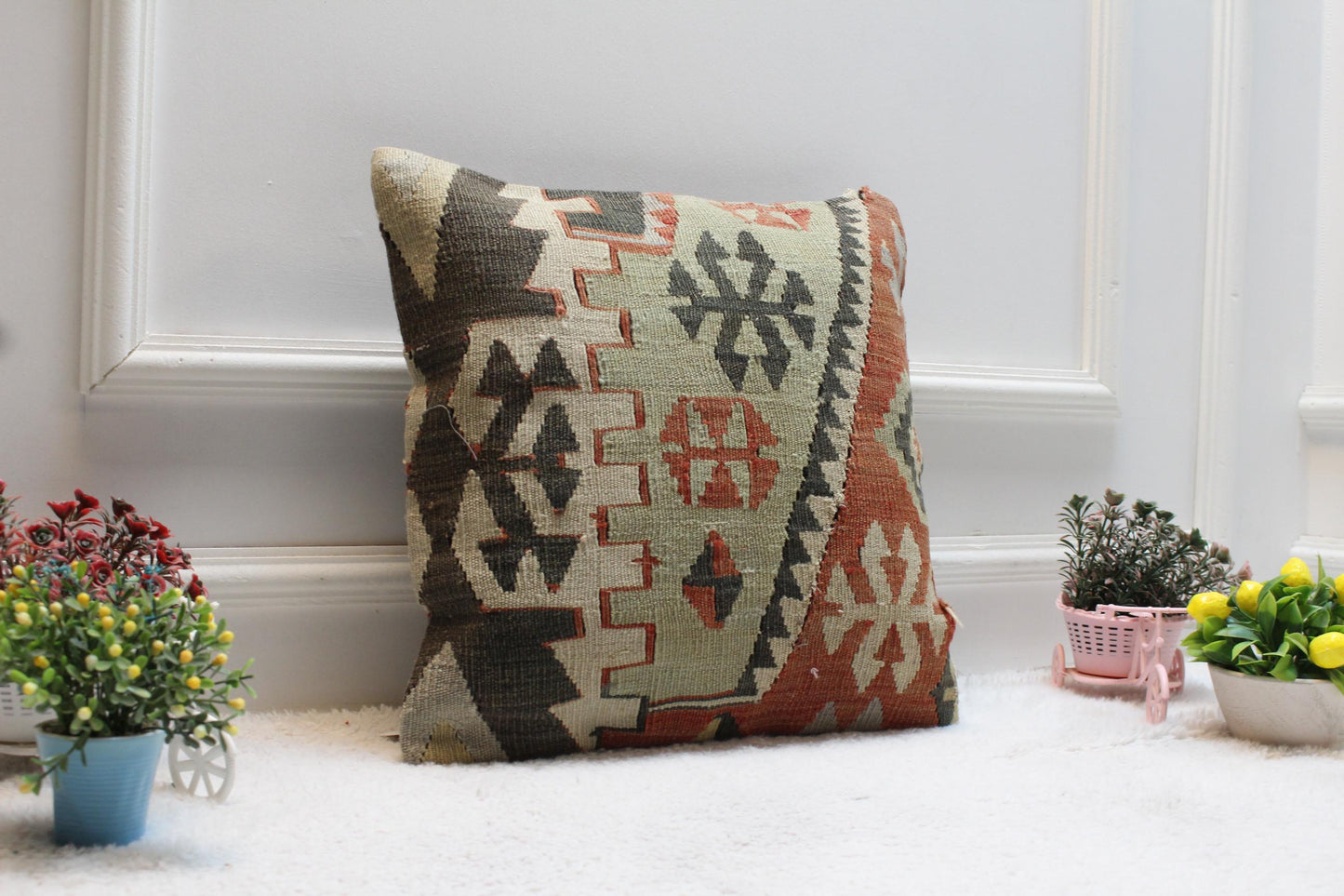 Handmade Kilim Pillow Cover: Upcycled Woven Rug, Geometric Design (16x16 in)