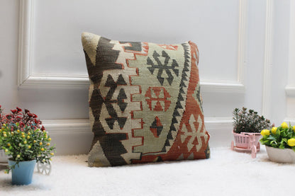 Handmade Kilim Pillow Cover: Upcycled Woven Rug, Geometric Design (16x16 in)