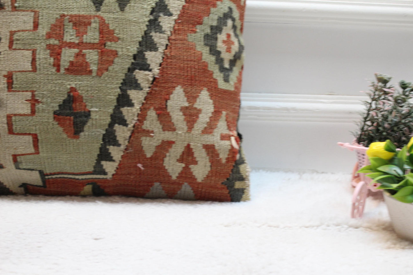Handmade Kilim Pillow Cover: Upcycled Woven Rug, Geometric Design (16x16 in)