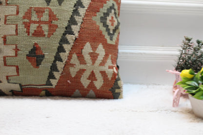 Handmade Kilim Pillow Cover: Upcycled Woven Rug, Geometric Design (16x16 in)