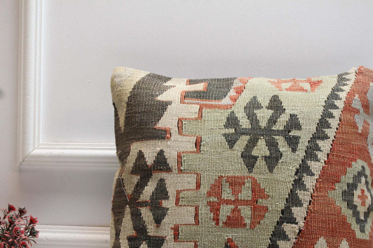 Handmade Kilim Pillow Cover: Upcycled Woven Rug, Geometric Design (16x16 in)
