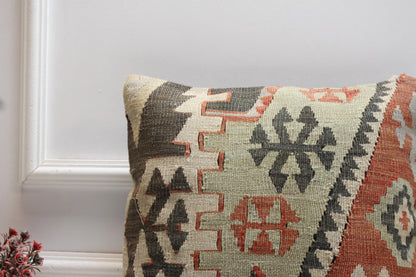 Handmade Kilim Pillow Cover: Upcycled Woven Rug, Geometric Design (16x16 in)