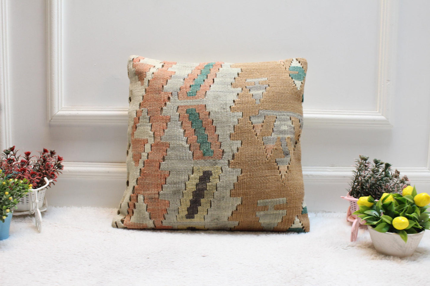 Handmade Kilim Pillow Cover: 16x16 Vintage Geometric Cushion