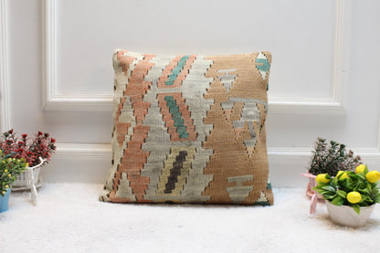 Handmade Kilim Pillow Cover: 16x16 Vintage Geometric Cushion
