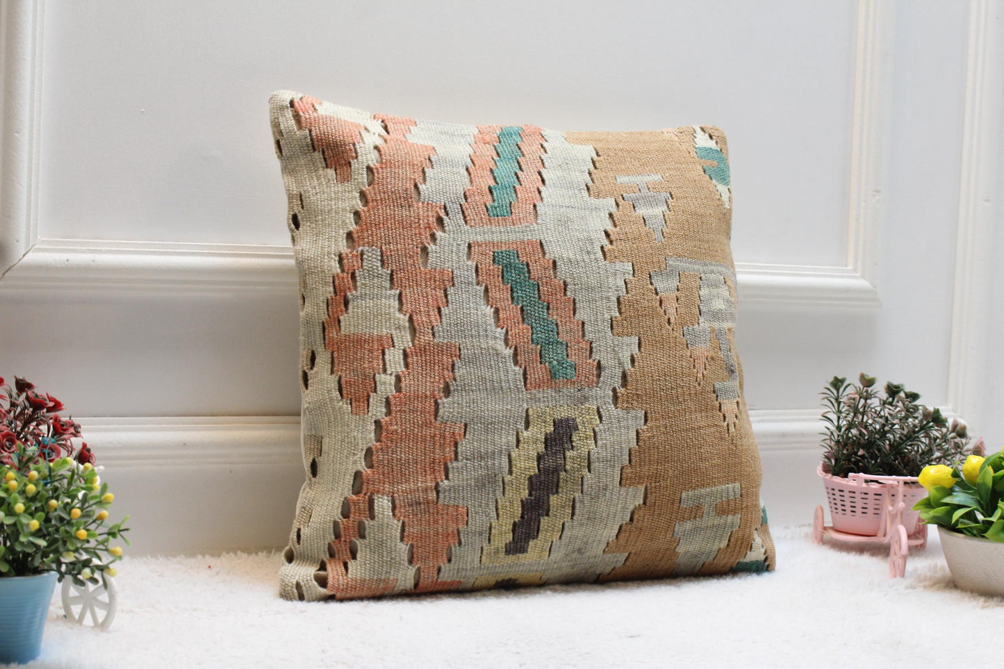 Handmade Kilim Pillow Cover: 16x16 Vintage Geometric Cushion