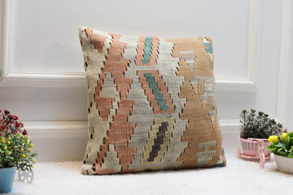 Handmade Kilim Pillow Cover: 16x16 Vintage Geometric Cushion