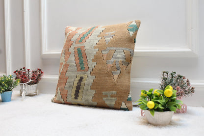 Handmade Kilim Pillow Cover: 16x16 Vintage Geometric Cushion