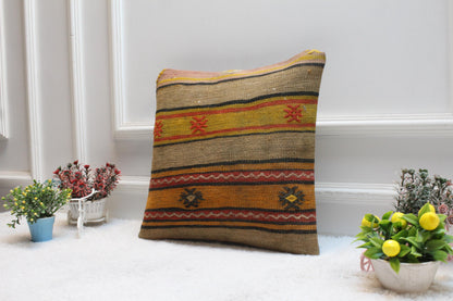 Vintage Turkish Kilim Pillow Cover: Handmade Wool, 16x16 Square