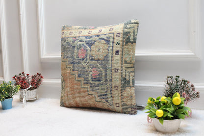 Floral Turkish Rug Pillow Cover: Handmade Wool Kilim, 16x16 inc