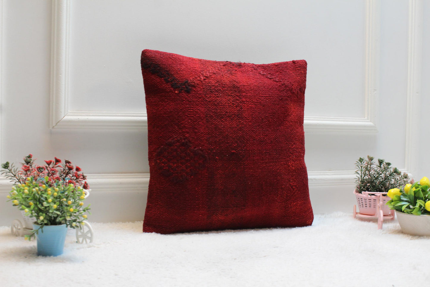 Handmade Kilim Pillow Cover: Upcycled Woven Rug, 16x16 Red Bohemian Decor