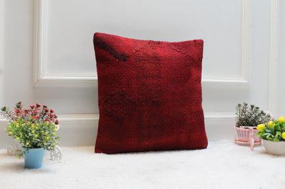 Handmade Kilim Pillow Cover: Upcycled Woven Rug, 16x16 Red Bohemian Decor