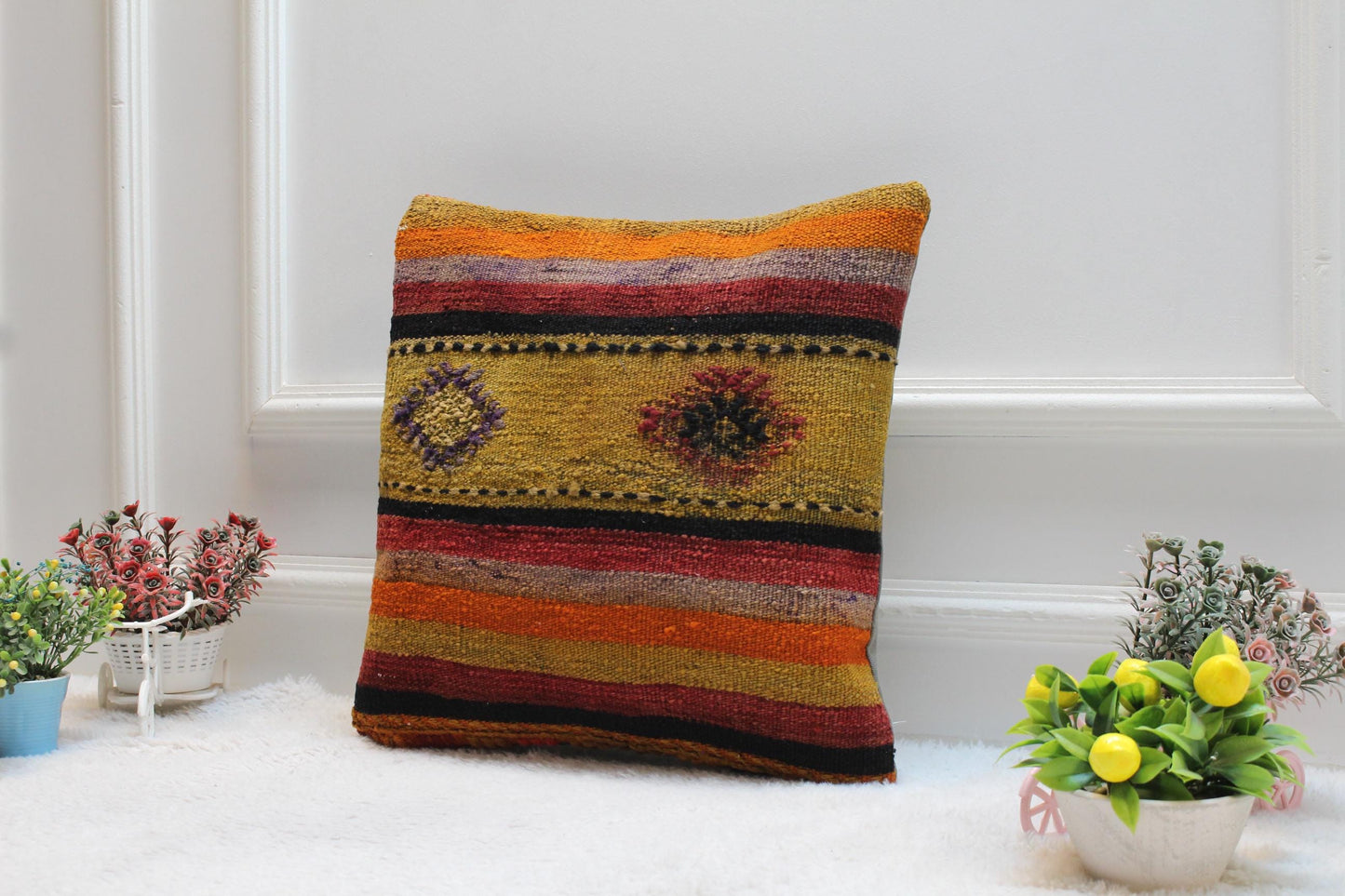 Handmade Kilim Pillow Cover: Upcycled Woven Rug, Rainbow Geometric Design (16x16")