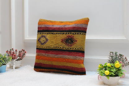 Handmade Kilim Pillow Cover: Upcycled Woven Rug, Rainbow Geometric Design (16x16")