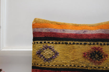 Handmade Kilim Pillow Cover: Upcycled Woven Rug, Rainbow Geometric Design (16x16")