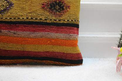 Handmade Kilim Pillow Cover: Upcycled Woven Rug, Rainbow Geometric Design (16x16")