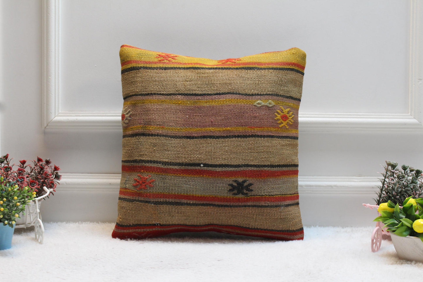 Vintage Kilim Pillow: 16x16 Red Striped Boho Cushion