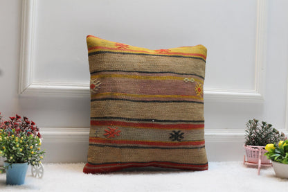 Vintage Kilim Pillow: 16x16 Red Striped Boho Cushion