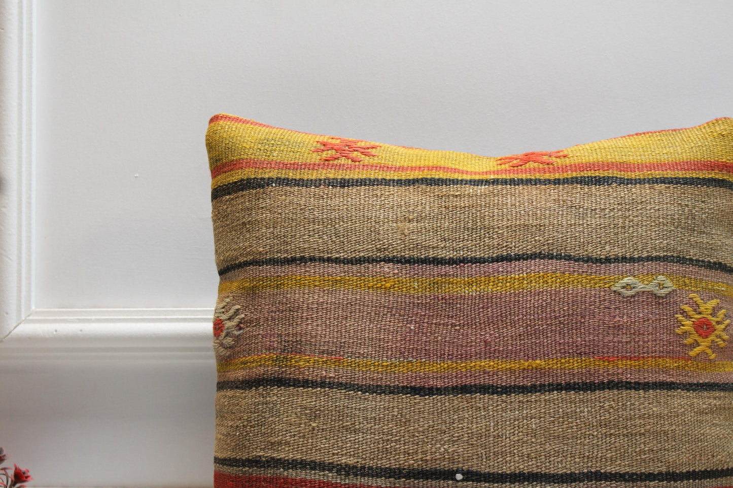 Vintage Kilim Pillow: 16x16 Red Striped Boho Cushion